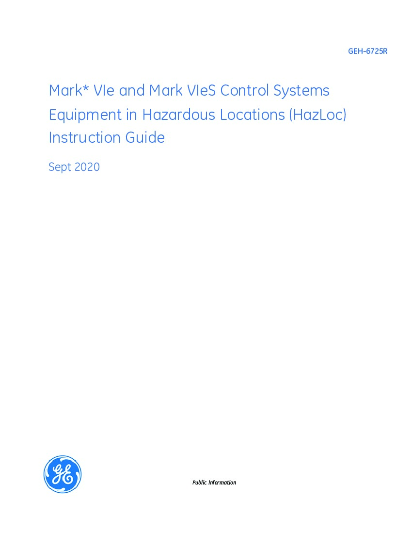 First Page Image of GEH-6725 Manual IS420ESWBH1A Mark VIe and Mark VIeS Controls Equipment HazLoc Manual.pdf